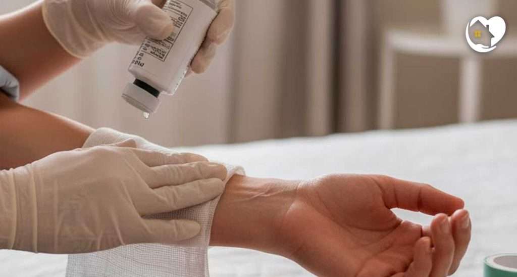 Curativo em casa: Mãos de enfermeira realizando curativo em casa com gaze estéril e soro fisiológico, ao lado do paciente, em ambiente domiciliar iluminado